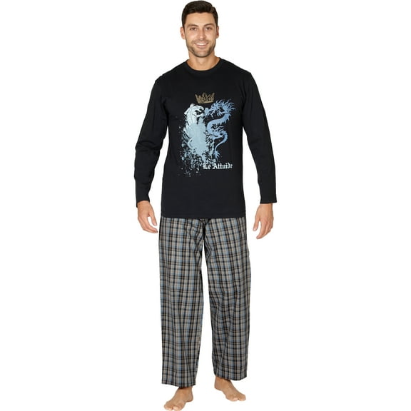 Intimo Men's Woven Pant With Long Sleeve Screen Print T-Shirt Set
