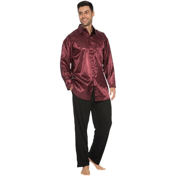 INTIMO Mens' Classic Satin Long Sleeve One Pocket Pajama Shirt Sleep Lounge Top