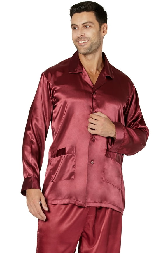 INTIMO Mens' Poly Charmeuse 2 Pocket Button Front Long-Sleeve Pajama Shirt Sleep Top Lounge