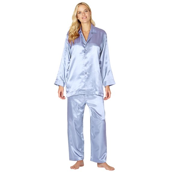 Intimo Womens' Button Front Charmeuse 2-Piece Long-Sleeve Collared Pajama Pant Set Sleepwear Loungewear