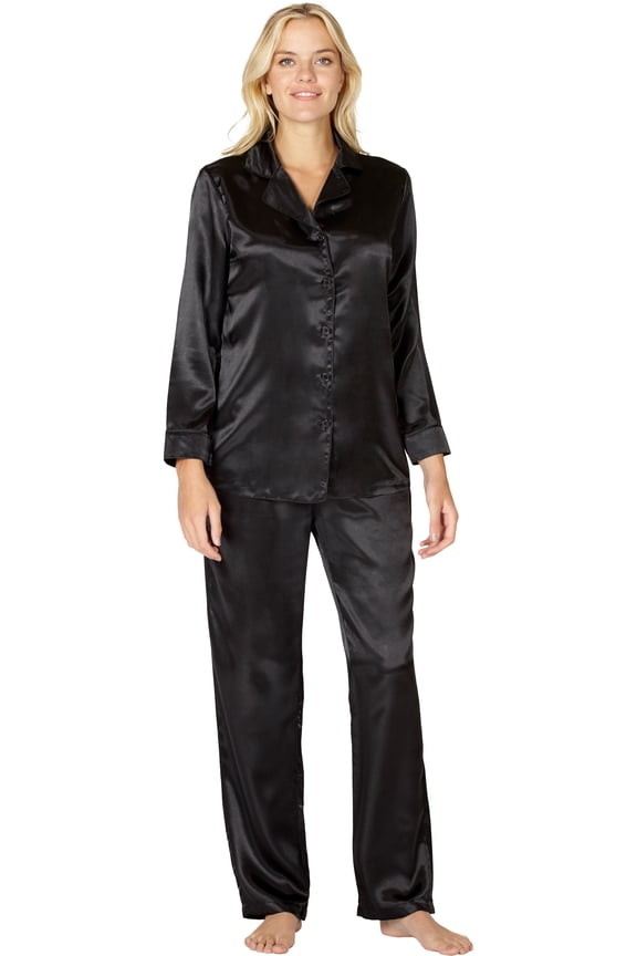 Intimo Womens' Button Front Charmeuse 2-Piece Long-Sleeve Collared Pajama Pant Set Sleepwear Loungewear