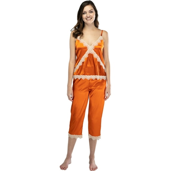 Intimo Womens' Stretch Charmeuse Sleep Cami Top with Cropped Capri Pant 2PC Lounge Set