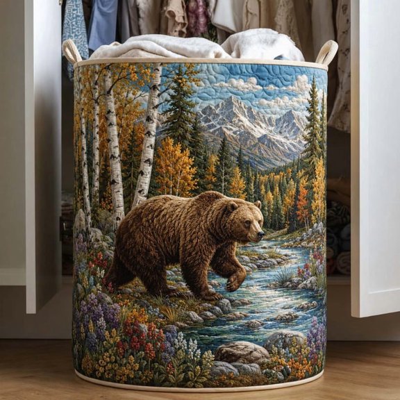 Into Wilderness Path Quilted Laundry Basket: Mountain Clothes Hamper, Forest Theme Storage Bin