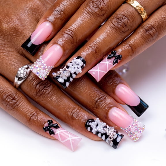IntoVibes 10PCS Black Pink Handmade Long Duck Shape Press On Nails, Acrylic Nails with 3D Bow Rhinestone Nail Art Design, Reusable False Nails