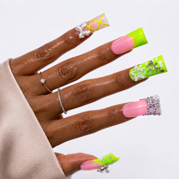 IntoVibes 10PCS Green Handmade Long Duck Shape Press On Nails, Acrylic Nails with 3D Bow Star Rhinestone Nail Art Design, Reusable False Nails