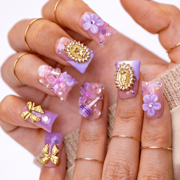 IntoVibes 10PCS Purple Handmade Short Duck Shape Press On Nails, Acrylic Nails with Butterfly Flower and Gold Charm Design, Reusable False Nails