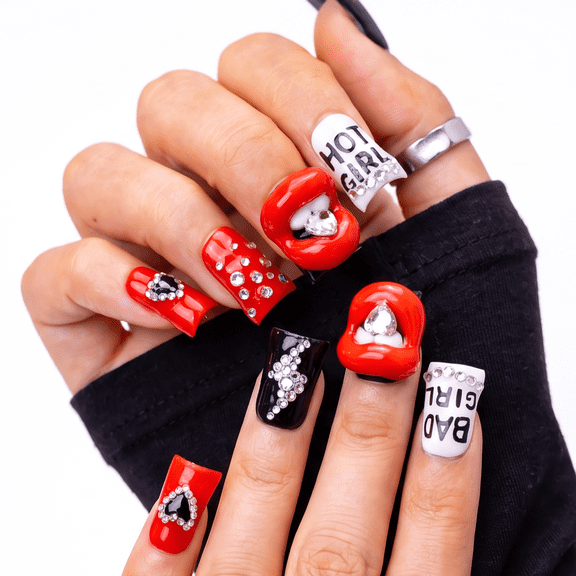 IntoVibes 10PCS Red Black Handmade Short Duck Shape Press On Nails, Acrylic Nails with Flame Lips Lettering Nail Art Design, Reusable False Nails