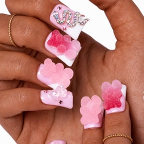IntoVibes Glow in the Dark Press On Nails with Designs, 10PCS Short Duck Acrylic Fake Nails, Reusable Pink White 3D Bear Rhinestones