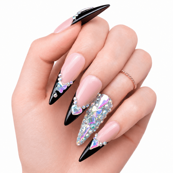 IntoVibes Handmade Press On Nails with Designs, 10PCS Long Almond Acrylic Fake Nails, Reusable Nude Black Rhinestone French Tips