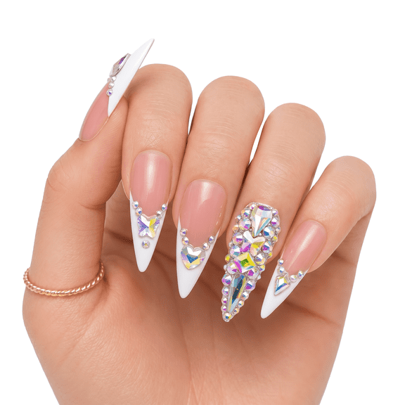 IntoVibes Handmade Press On Nails with Designs, 10PCS Long Almond Acrylic Fake Nails, Reusable Nude White Rhinestone French Tips