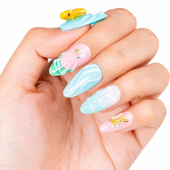 IntoVibes Handmade Press On Nails with Designs, 10PCS Medium Almond Acrylic Fake Nails, Reusable Aqua Pink 3D Seashell Starfish Pearls