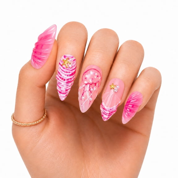 IntoVibes Handmade Press On Nails with Designs, 10PCS Medium Almond Acrylic Fake Nails, Reusable Pink 3D Seashell Starfish Pearls