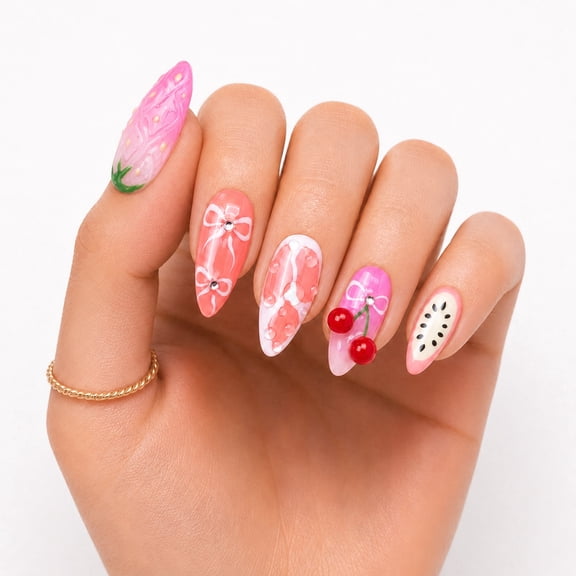 IntoVibes Handmade Press On Nails with Designs, 10PCS Medium Almond Acrylic Fake Nails, Reusable Pink Fruit Cherry Strawberry Bow
