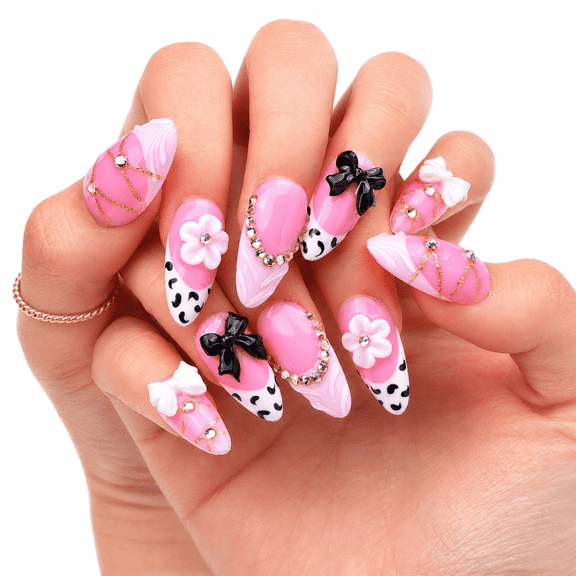 IntoVibes Handmade Press On Nails with Designs, 10PCS Medium Almond Acrylic Fake Nails, Reusable Pink White 3D Flower Bow Rhinestones