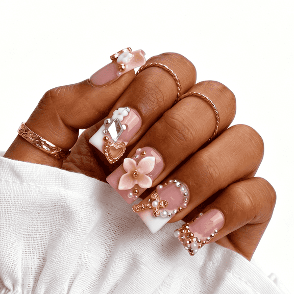IntoVibes Handmade Press On Nails with Designs, 10PCS Short Duck Acrylic Fake Nails, Reusable Nude Pink Gold Butterfly Flower Rhinestones