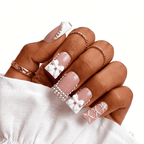 IntoVibes Handmade Press On Nails with Designs, 10PCS Short Duck Acrylic Fake Nails, Reusable Nude White 3D Bow Rhinestones