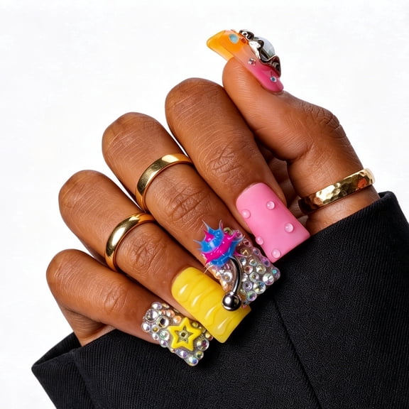 IntoVibes Handmade Press On Nails with Designs, 10PCS Short Duck Acrylic Fake Nails, Reusable Orange Blue Pink Eye Star Rhinestones