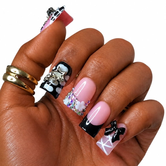 IntoVibes Handmade Press On Nails with Designs, 10PCS Short Duck Acrylic Fake Nails, Reusable Pink Black 3D Bow Star Rhinestones