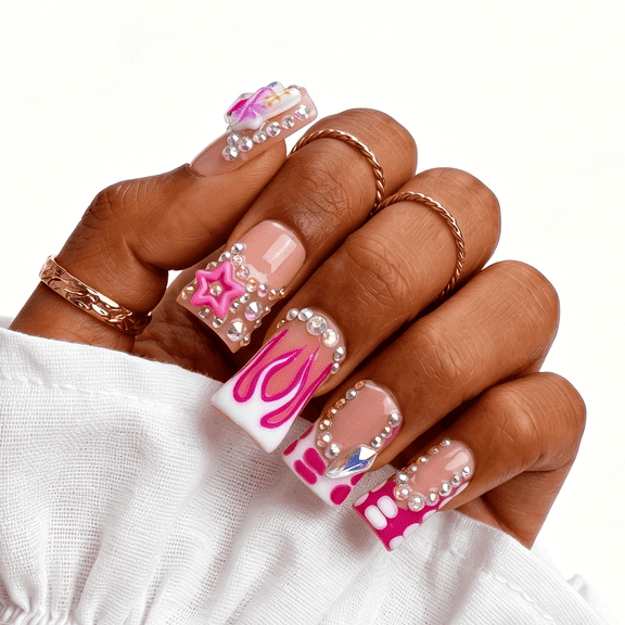 IntoVibes Handmade Press On Nails with Designs, 10PCS Short Duck Acrylic Fake Nails, Reusable Pink White 3D Star Rhinestones