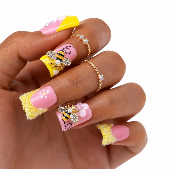 IntoVibes Handmade Press On Nails with Designs, 10PCS Short Duck Acrylic Fake Nails, Reusable Pink Yellow 3D Bee Flower Rhinestones