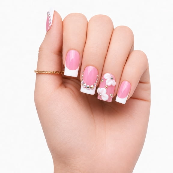 IntoVibes Handmade Press On Nails with Designs, 10PCS Short Square Acrylic Fake Nails, Reusable Pink White 3D Flower Petals Rhinestones