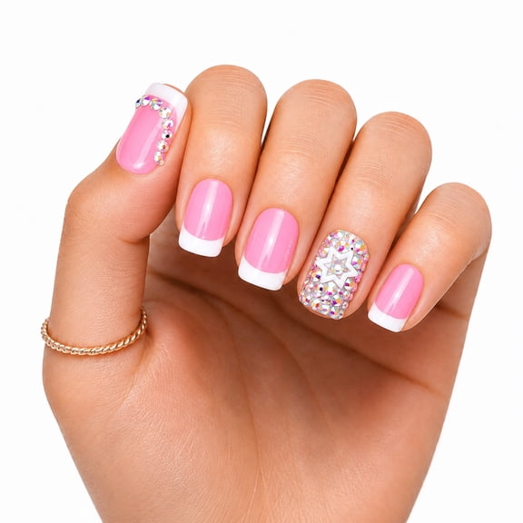 IntoVibes Handmade Press On Nails with Designs, 10PCS Short Square Acrylic Fake Nails, Reusable Pink White Star Rhinestones