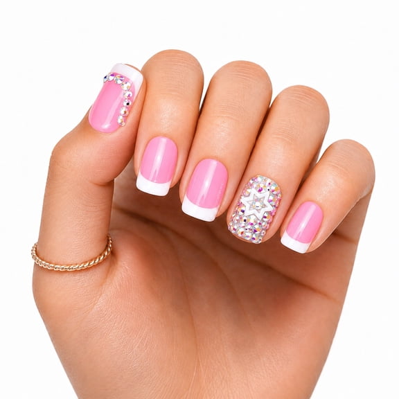 IntoVibes Handmade Press On Nails with Designs, 10PCS Short Square Acrylic Fake Nails, Reusable Pink White Star Rhinestones