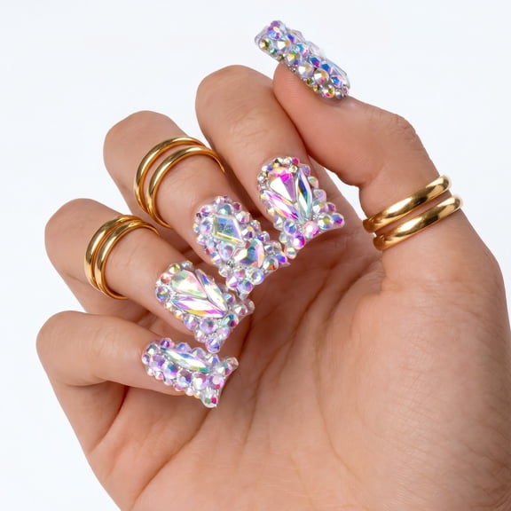 IntoVibes Short Duck Handmade Press On Nails, 10PCS Acrylic Fake Nails, Reusable Aurora Rhinestone Crystal Nails