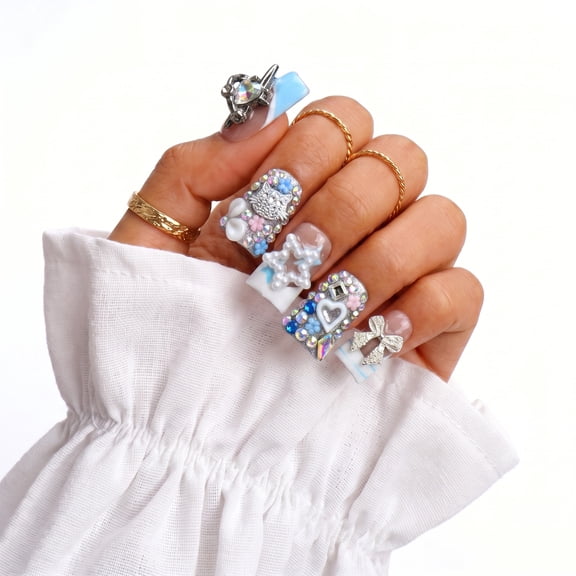 IntoVibes Short Duck Handmade Press On Nails, 10PCS Acrylic Fake Nails, Reusable Nude Blue 3D Bow Star Heart Rhinestones