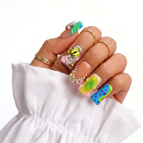 IntoVibes Short Duck Handmade Press On Nails, 10PCS Acrylic Fake Nails, Reusable Orange Blue Green Eye Star Rhinestones