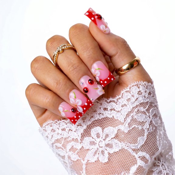 IntoVibes Short Duck Handmade Press On Nails, 10PCS Acrylic Fake Nails, Reusable Pink Red Ladybug Flower Rhinestones