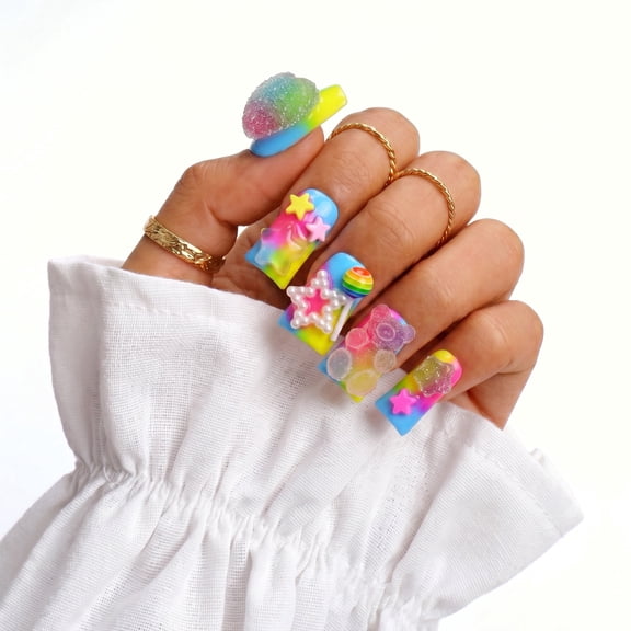 IntoVibes Short Duck Handmade Press On Nails, 10PCS Acrylic Fake Nails, Reusable Rainbow 3D Gummy Bear Star Candy Nails