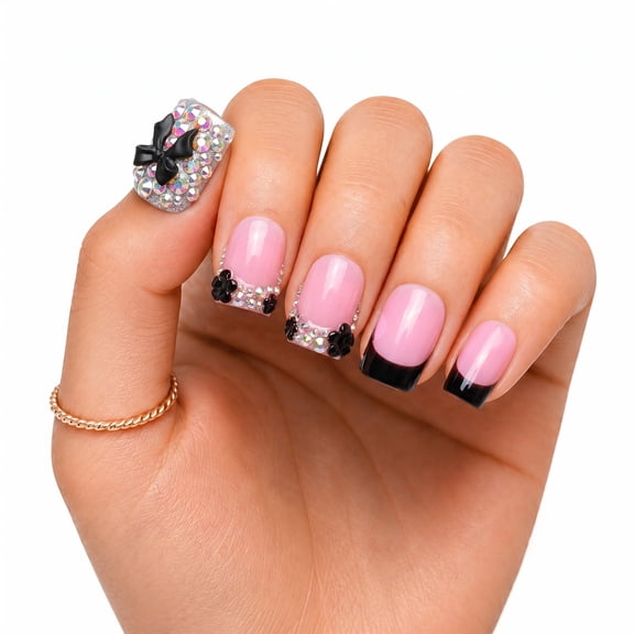 IntoVibes Short Square Handmade Press On Nails, 10PCS Acrylic Fake Nails, Reusable Pink Black Bow Rhinestones