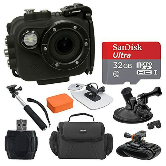 Intova X2 Marine Grade Waterproof Action Cam - Built-In 150-Lumen Light & Wifi, Black + SanDisk 32GB Card + Surf Board & Floatable Cushion + Gadget Bag + Car Mount + Wrist Mount + Handheld Monopod