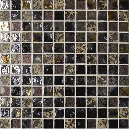 Intrend Tile 1 x 1 Nightlight Wave Glass Square Dark Blue Mixed With Sea Shell Accent