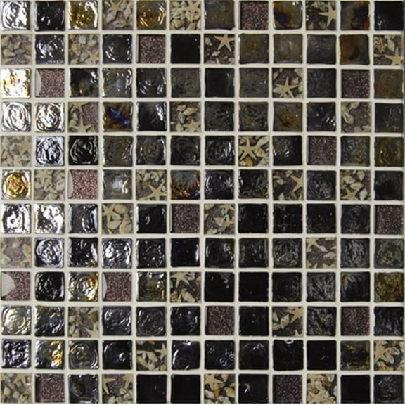 Intrend Tile 1 x 1 Nightlight Wave Glass Square Dark Blue Mixed With Sea Shell Accent
