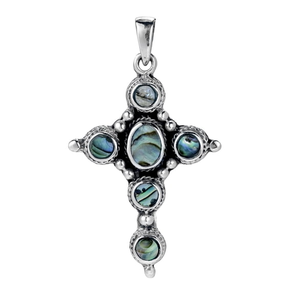 Intricate Abalone Shell Inlay Circle of Faith Cross .925 Silver Pendant