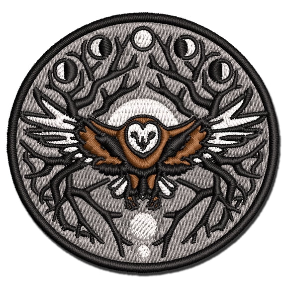 Intricate Barn Owl with Wreath of Branches and Moon Phases Applique Multi-Color Embroidered Hook & Loop Patch - 2.0 Inch Mini