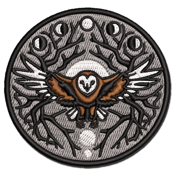 Intricate Barn Owl with Wreath of Branches and Moon Phases Applique Multi-Color Embroidered Hook & Loop Patch - 3 Inch Medium
