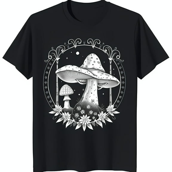 Intricate Black T-Shirt with Mushroom Graphic & Floral Design