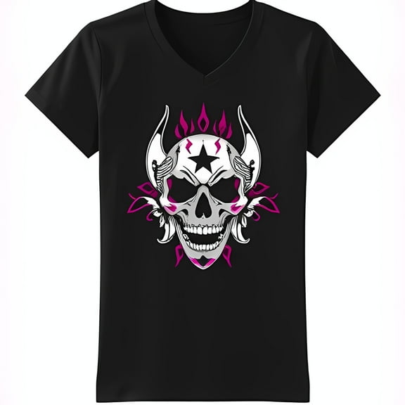 Intricate Black T-Shirt with White Graphic & Pink Flames