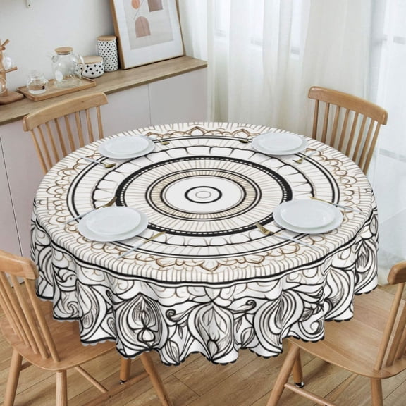 Intricate Black And White Mandala Line Art With Floral Motifs Round Tablecloth Waterproof Oil-Proof Plastic Table Cloth Stain-Resistant Wipeable 60" for Camping, Dining, Indoor and Outdoor