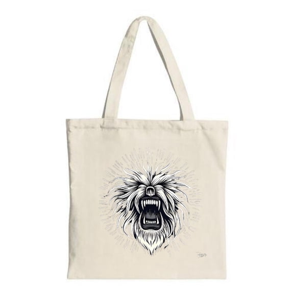 Intricate Black - White Roaring Wolf Lion Tote Bag - Fierce Design with Radiating Lines Perfect for Shopping Travel & Parties