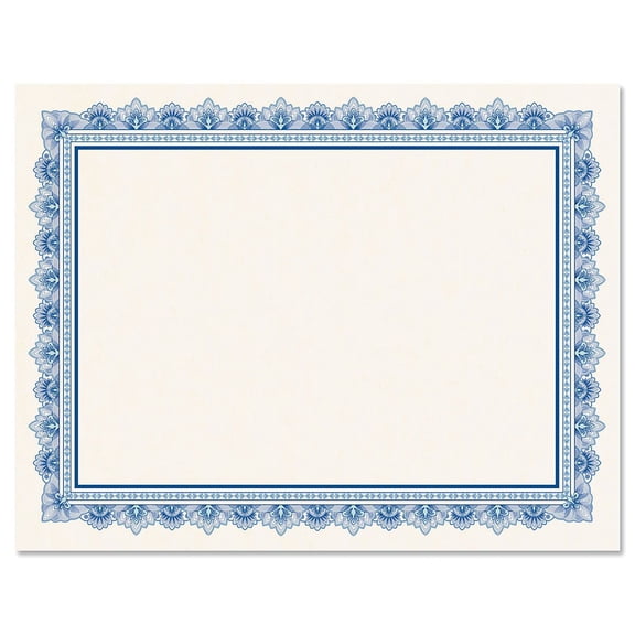 Intricate Blue Certificate on White Parchment - Set of 100, 8-1/2" x 11" on 60 lb. text parchment paper, Laser and inkjet printer compatible
