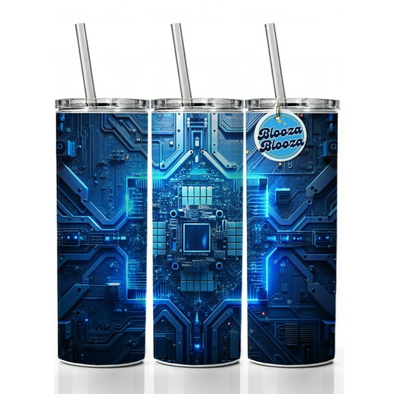 Intricate Blue Circuit Board 20oz Insulated Water Bottle Skinny Tumbler Includes Straw