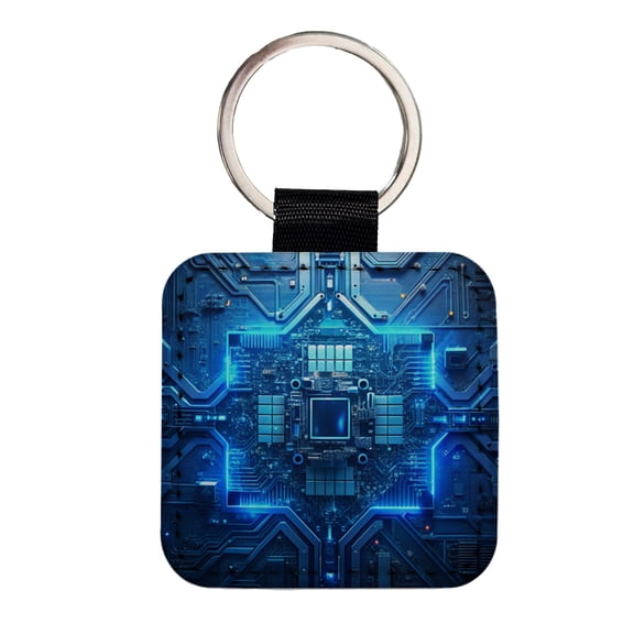 Intricate Blue Circuit Board Faux Leather Square Keychain