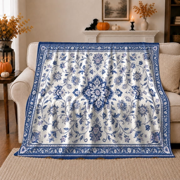 Intricate Blue Mandala Medallion, Mystical Botanical Garden Scene, Warm Flannel Blanket for Cabin and Lodge, Garden Lovers Thanksgiving Gift, Artistic Home Decor