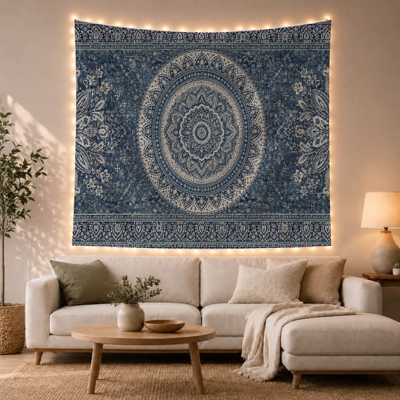 Intricate Blue and White Mandala Against Navy, Mystical Boho for Bohemian Decor Lovers, Ethnic Wall Art Textile, Housewarming Gift Tapestry Wall Hanging for Bedroom and Living Room