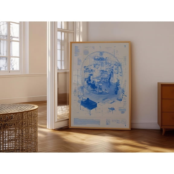 Intricate Blueprint Style Home Interior Art Print Detailed Architectural Poster for Office Decor Unique Giclee Wall Art