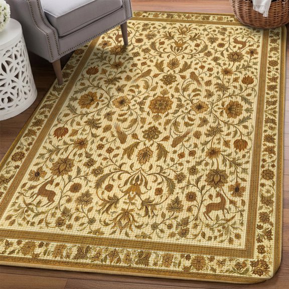 Intricate Brown Arabesque Area Rugs for Living Room 5x6, Vintage Boho Beige Abstract Floral Vine Washable Area Rug Non Slip, Stain Resist Linen Carpet for Bedroom, Dining Room, Entryway, Entrance